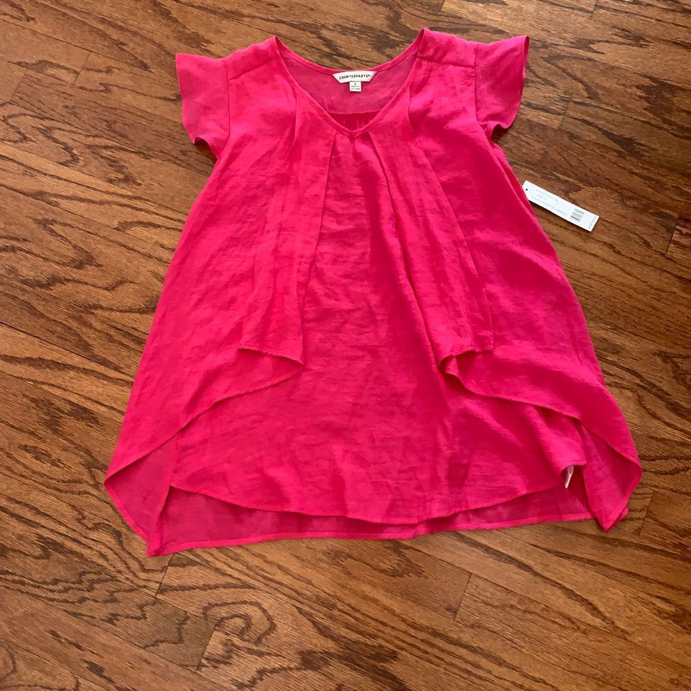 Counterparts NWT Pink Flutter Sleeve V-Neck Asymmetrical‎ Spring Blouse Size SM - Picture 6 of 8